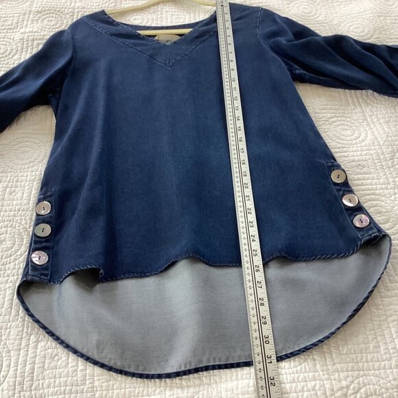 Soft Surrounding Blue V-Neck Tunic Blouse 3/4 Roll Tab Sleeve Size S 100% Tencel - Picture 10 of 10